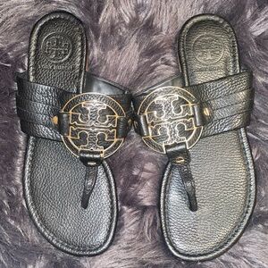 Tory Burch Black Leather Sandals with Gold Accents